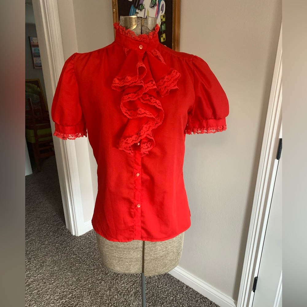 Vintage 70’s Brian Michele Red Goth high neck ruffled blouse USA Union made S/M